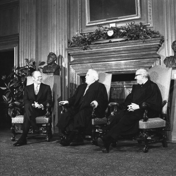 Stevens with President Gerald Ford and Chief Justice Warren E. Burger on December 19, 1975, the day he took his seat on the Supreme Court (photo, William Fitz-Patrick)